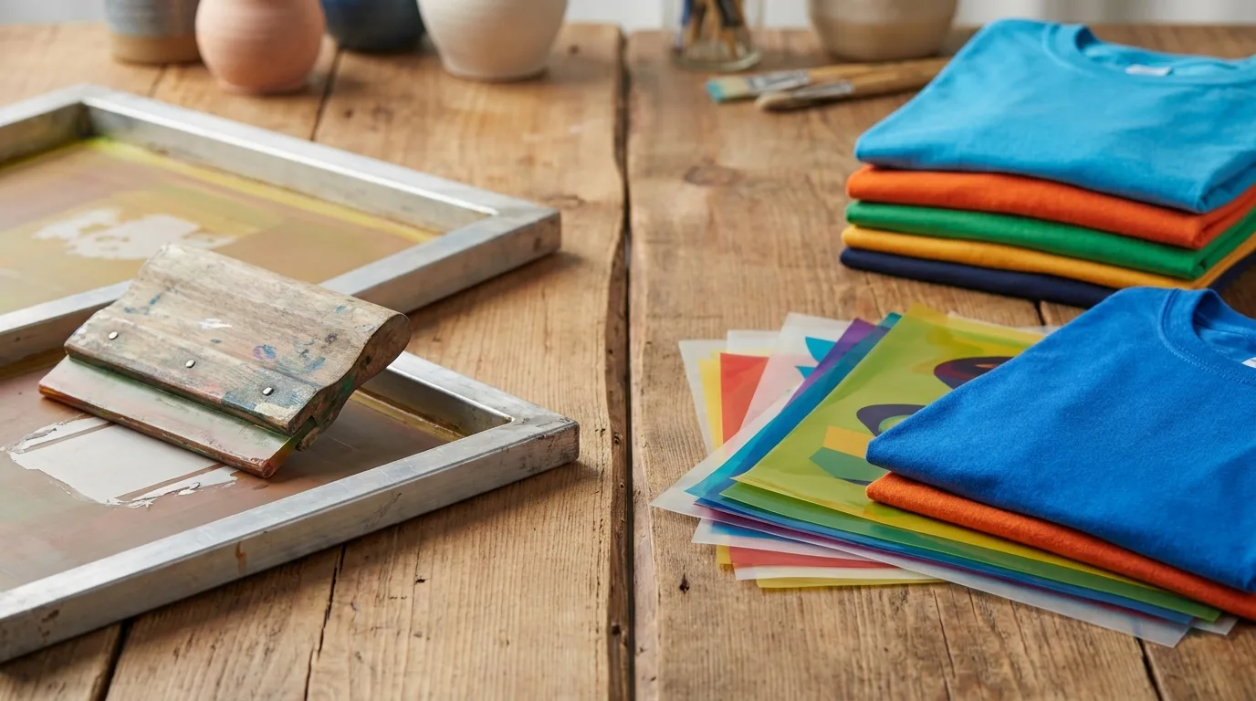 DTF vs screen printing tools compared with film transfers, a screen frame, and blank shirts