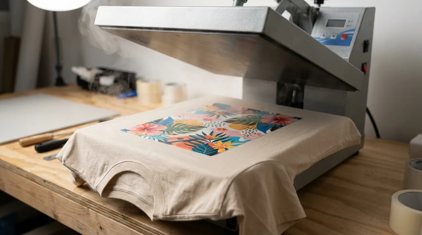 DTF printing transfer being heat pressed onto a cotton t-shirt on a studio workbench